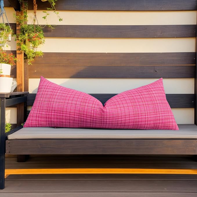 Kevin Textile Outdoor Waterproof Throw Pillow Covers 14x36 Inch Pack of 1 Woven Faux Linen Decorative Water Resistant Long Body Lumbar Cushion Covers for Tent Patio Garden Couch Sofa Hot Pink
