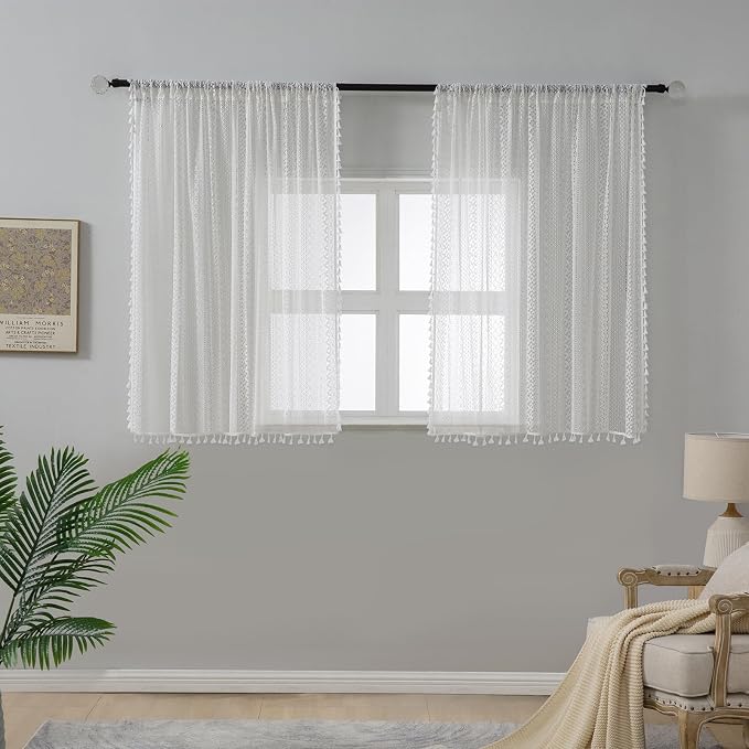 WAZZIO Boho Lace Curtains 45 Inches 2 Panel,Light Filtering Privacy Tassel & Geometry Crochet Semi Sheer Curtain Drapes for Bedroom Living Dining Room,Rod Pocket & Tassel,Victorian Decor,Off White