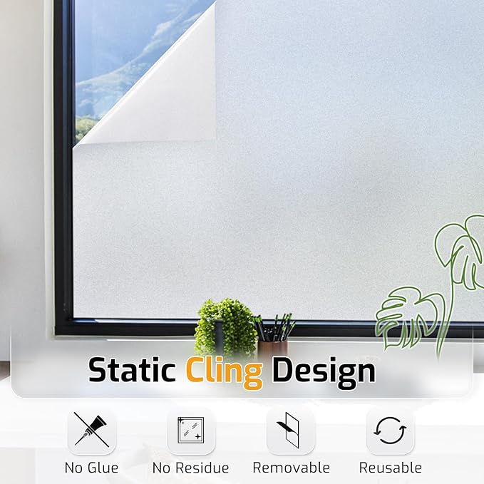 LUTE Window Privacy Film, Frosted Glass Window Film for Bathroom, Static Cling Removable Heat Control Glass Coverings, Non Adhesive Opaque Door Sticker for Home Office (Pure, 35.4" x 118.1")