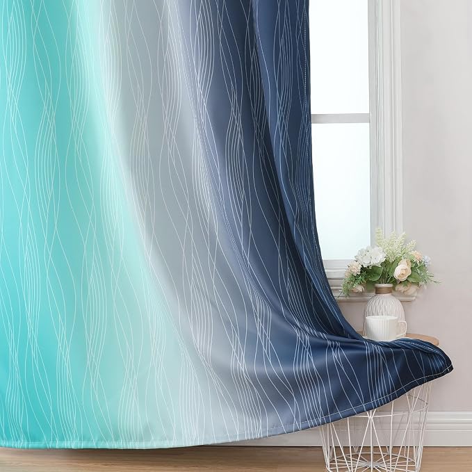 Estelar Textiler Navy Blue and Teal Blackout Curtains 45 Inch Length, Full Light Blocking Gradient Drapes for Bedroom, Thermal Insulated Grommet Ombre Curtains for Bathroom,52Wx45L,2 Panels