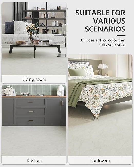 12" x 12" Peel and Stick Floor Tile, Self Adhesive Vinyl Flooring, 20 Tiles Grayish White Marble Pattern Peel and Stick Tile for Kitchen, Bedroom, Cover 20 Sq. Ft DIY Floor Tiles