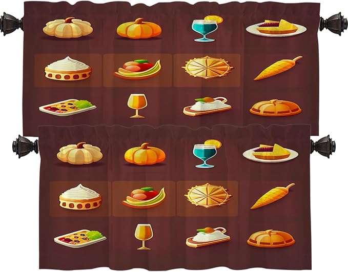 Shrahala Happy Thanksgiving Day Blackout Short Curtains for Windows, Pumpkin Turkey Bird Leaves Kitchen Valance Thermal Insulated Rod Pocket Window Treatment for Bathroom 2 Pack 52 X 18 in