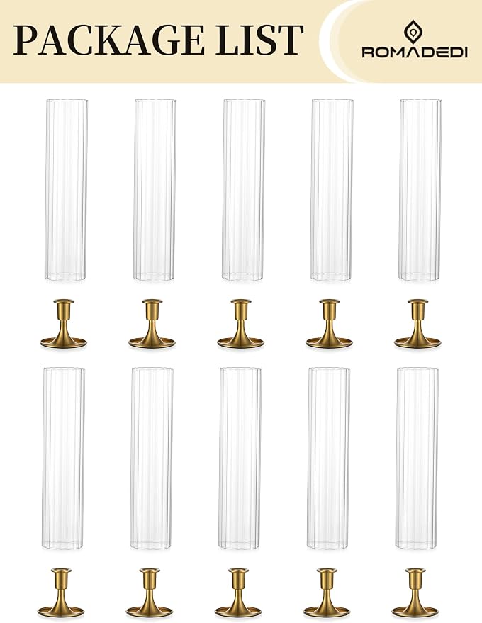 Romadedi Hurricane Glass Candle Holder: Set of 10 Gold Taper Candle Sticks Holder with Ribbed Cylinder Cover & Weighted Base for Table Centerpiece Wedding Christmas Party Outdoor