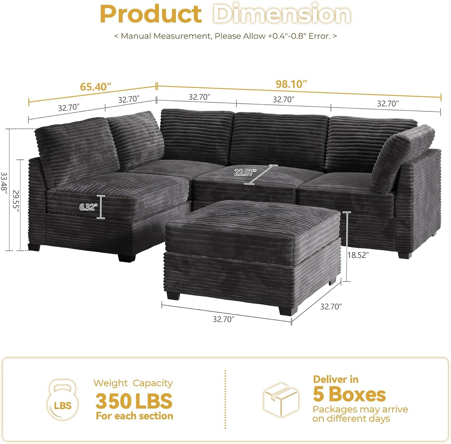 HOOOWOOO Modular Sectional Sofa,5 Pieces Sectional Couches for Living Room,98X55 L Shaped Cloud Couch with Ottoman Chaise Set(Grey Velvet Corduroy)