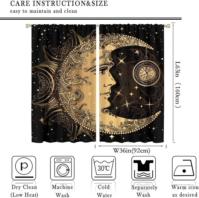 Sun Moon Blackout Windows Curtains, Retro Bohemian Antique Hippie Gold Sun Crescent and Star Curtains, for Living Room Bedroom 72x63in 2 Panels