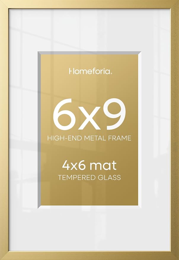 Homeforia 6x9 Picture Frame Gold, High End Metal 6 x 9 Frames with Mat 4 by 6 for Print, Photo Frame 6x9 Gold Matted to 4x6 inches Art, 6by9 Wall or Tabletop Frames, Tempered Glass, Wall Kit, Set of 2