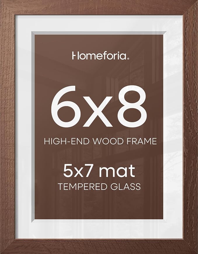Homeforia 6x8 Picture Frame Brown Wood, High End Dark Oak 6x8 Walnut Wooden Frames with Mat 5x7 Photo, 6 x 8 Frame Matted to 5 x 7 Print, 8x6 Wall or Tabletop Frame, Tempered Glass, Wall Kit, Set of 2