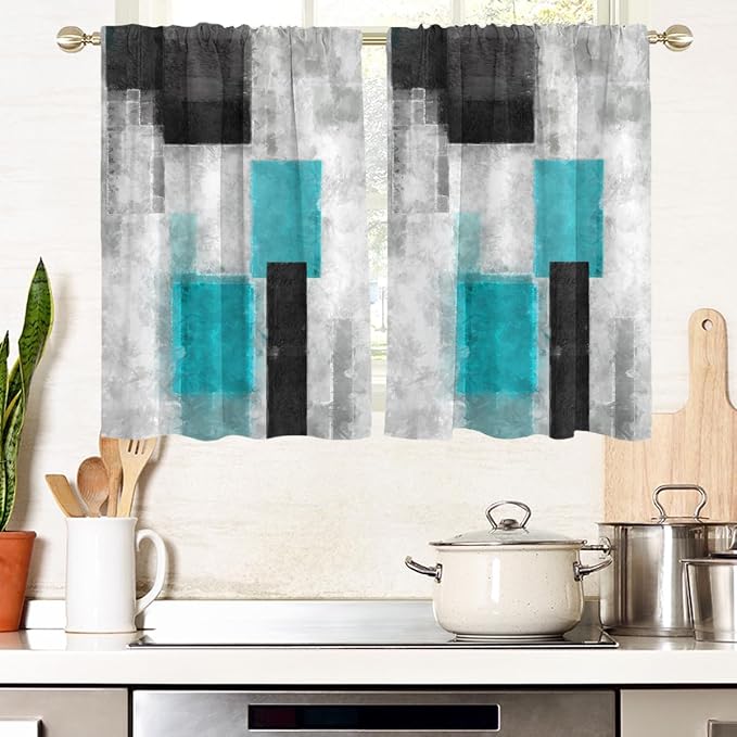 AAtter Teal Black and Grey Window Curtains for Kitchen Turquoise Aqua Gray Silver White Art Small Short Home Living Room Bedroom Bathroom Drapes Treatment Tiers Fabric 1 Pair, 27.5" W x 39" L, Modern