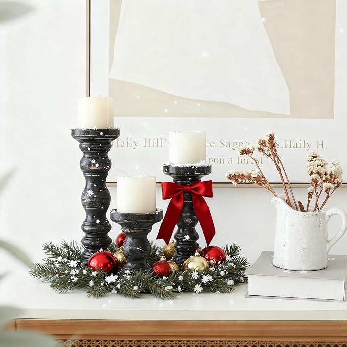 SWALLOWLIVING Rustic Farmhouse Wood Pillar Candle Holder Set of 3 for Candlestick, Black