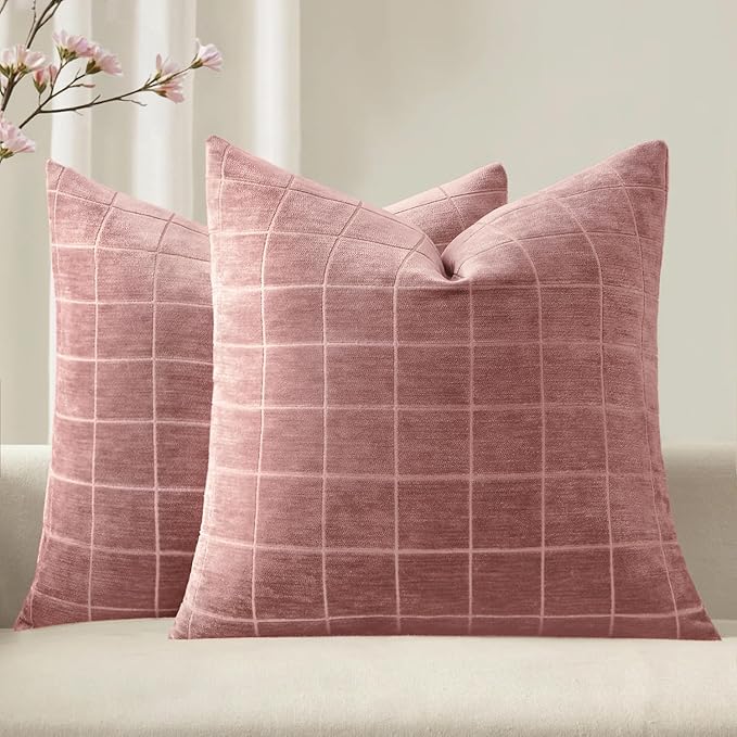 MIULEE Blush Pink Plaid Decorative Throw Pillow Covers 18x18 Set of 2 | Vintage Check Chenille Couch Pillows Neutral Boho Farmhouse Cushion Covers Modern Home Decor for Sofa Bed Living Room