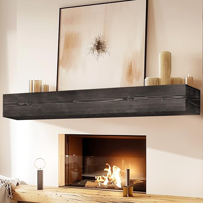 Fireplace Mantel Handmade, 6'' Thick Wall Decor Long Floating Shelf, 72inch Rustic Wood Shelf with Invisible Brackets, Black