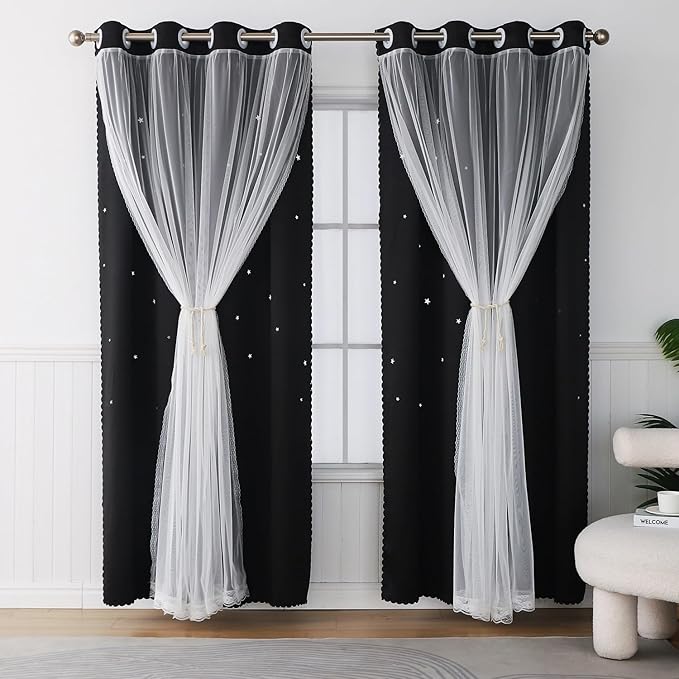 Black Curtains for Bedroom Cute Blackout Curtains 63 Inches Long 2 Panels Star Cutout Double Layer Nursery Curtains & Drapes with Tulle Decor Kids Room Window Treatments 63 Inch Length