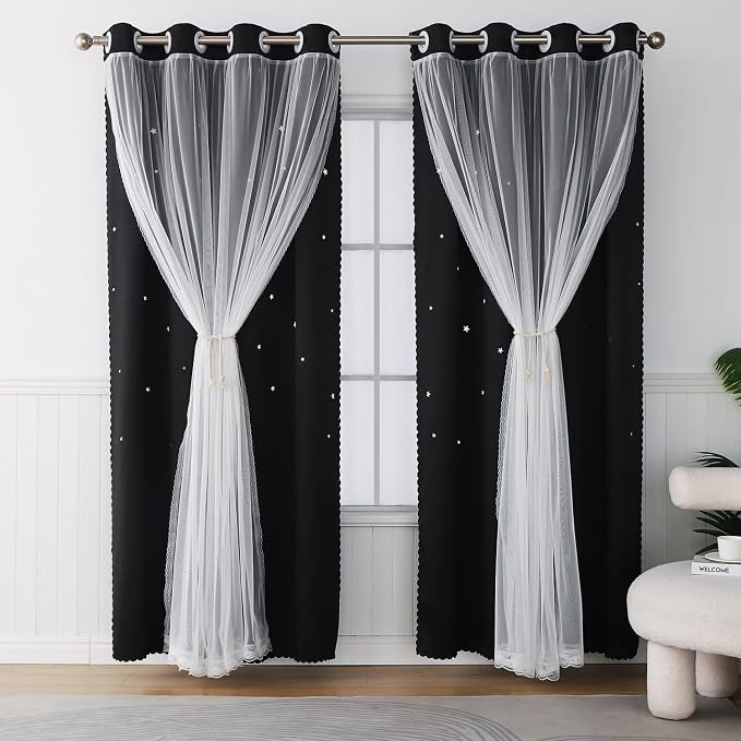 Cute Black Out Curtains for Girls Bedroom 72 Inches Long 2 Panels Star Cutout Double Layer Nursery Curtains & Drapes with Tulle Decor Kids Room Darkening Window Treatments 72 Inch Length