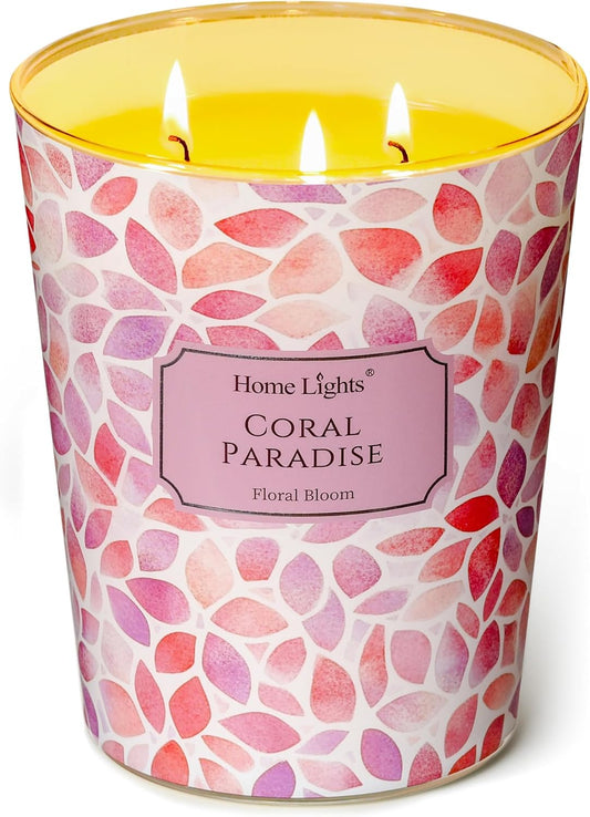 HomeLights Coral Paradise Scented Candles | 34oz Soy Candles Bohemian Natural Textures 3-Wick Large Candle Jars | Ideal Candle Gifts for Events, Home Decor Stress, Relief & Relaxation