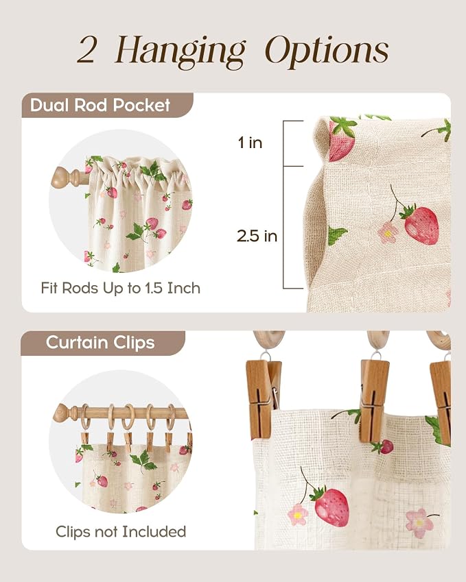 Miss Adola Valance Curtain for Windows - 16 Inch Linen Blend Farmhouse Strawberry Valance for Kitchen Living Room Bedroom Bathroom Short Curtain with Rod Pocket, 1 Panel