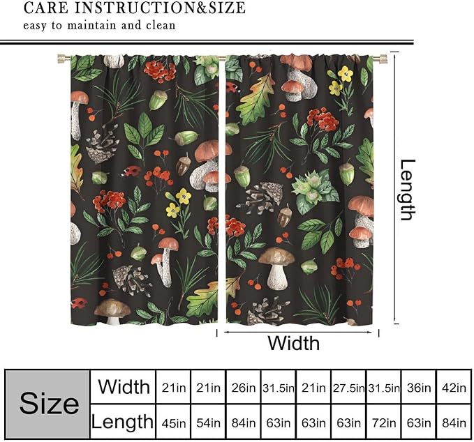 Farm Watercolor Mushroom Curtains, Rustic Forest Wild Mushroom Red Berris Plants Flowers Leaves Blackout Window Drapes for Kitchen Bedroom Livingroom, 55" W X 63" L