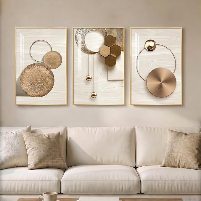 Framed Modern Luxury Gold Wall Art for Living Room, 3 Piece Bright Style Art Prints Paintings Artwork for Walls, Bronze Cirle Geometric Pictures for Dining Room Office Bedroom Hallway Wall Decor 16x24 In