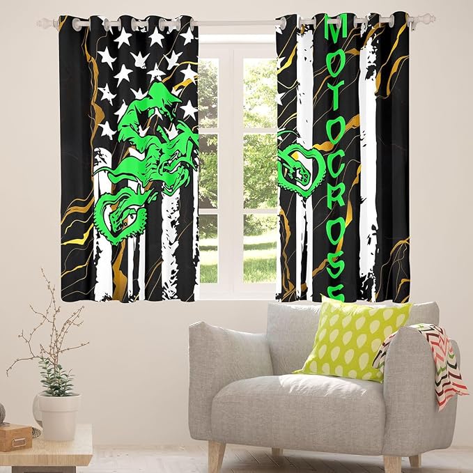 Dirt Bike Blackout Curtains For Boys, American Flag Window Curtains, Motocross Rider Motorbike Sport Curtains For Kids Teens Adult Men, United States Stripe Flag Curtains & Drapes 2 Panels,42"Wx90"L