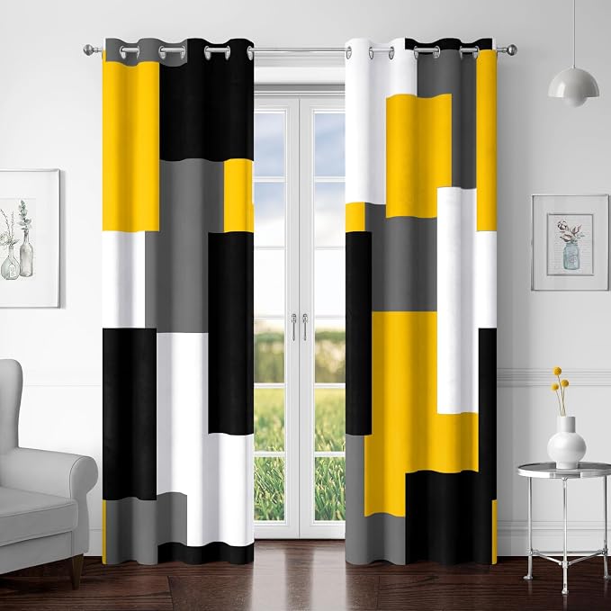 Tyrot Yellow 100% Blackout Curtains for Bedroom 72 inch Length 2 Panels Set White Grey Modern Abstract Geometric Black Out Curtains Insulated Room Darkening Window Drapes for Living Room, 52Wx72L