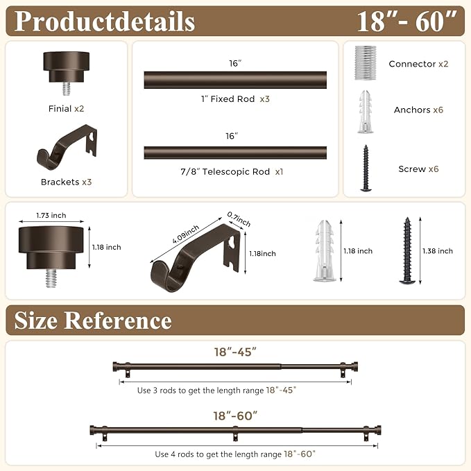 HEI! DEAR Bronze Curtain Rods 18 to 60 Inch(1.5-5ft),1 Inch Heavy Duty Curtain Rods,Adjustable Curtain Rod Set,Modern Decorative Drapery Rods,Telescoping Window Curtains Rods 18-60",Antique Bronze