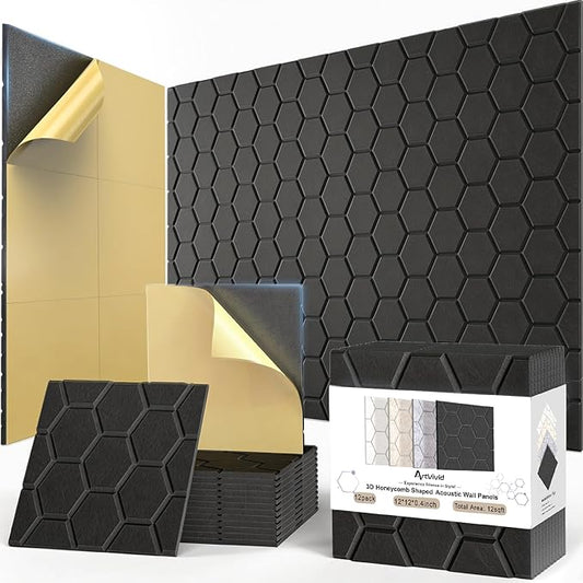 12Pack Acoustic Wall Panels, Honeycomb Self-Adhesive Sound Proof Foam Panels for Walls, High Density Decorative Hexagon Sound Absorbing Wall Tiles for Recording Studios, Home, 12"×12"×0.4", Black
