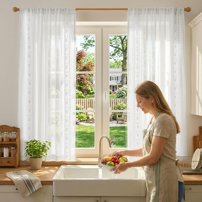 jinchan Weslie Floral White Sheer Curtains for Bedroom 63 Inch Long Embroidered Voile Farmhouse Linen Curtains for Living Room Bordered Flower Patterned Cottage Core Window Drapes 2 Panels Off White