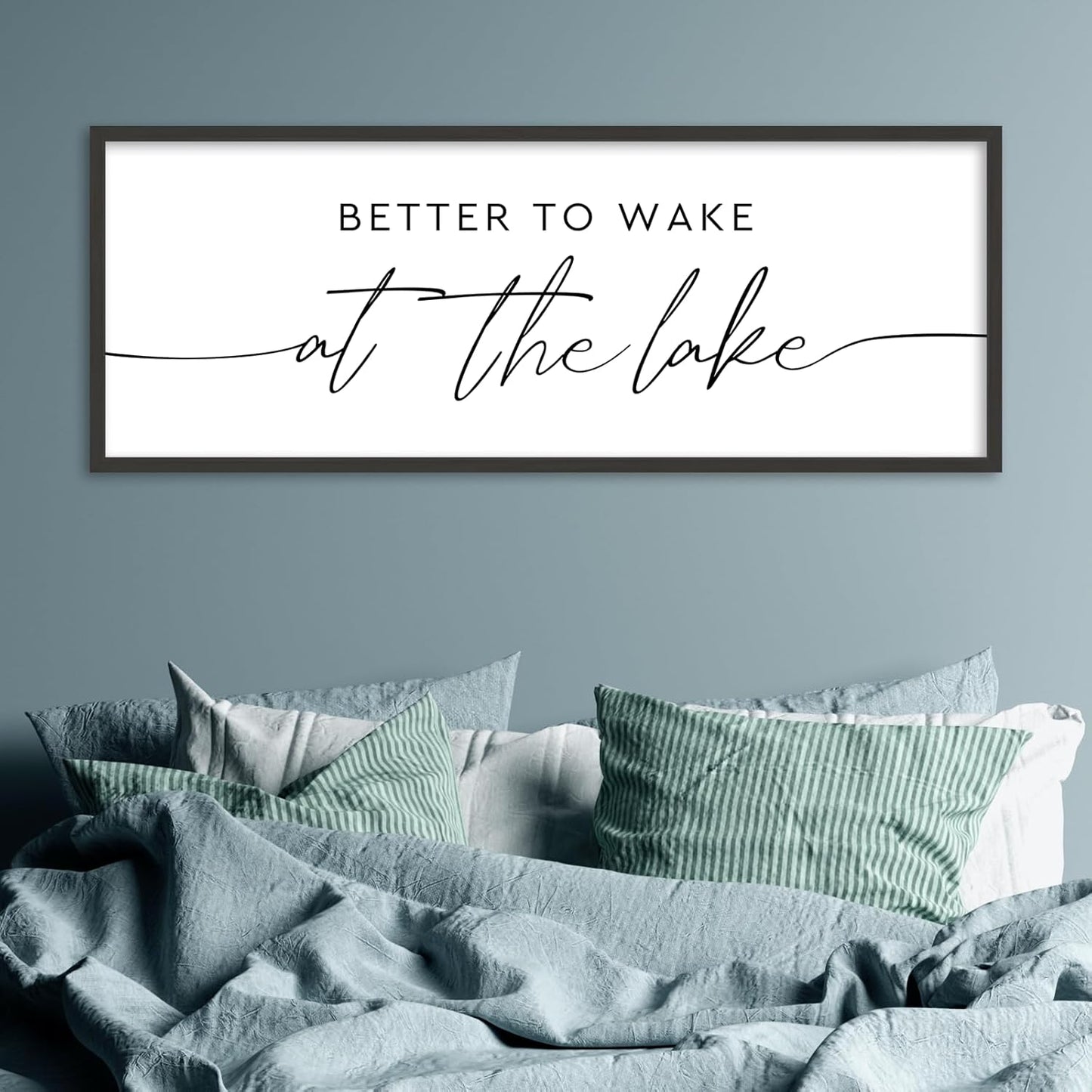 SRSZHIYUE Better To Wake At The Lake Wall Decor Above Bed Sign 32"×12" for Lake House Bedroom Over Bed Large Wood Framed Wall Hanging Art (Black)