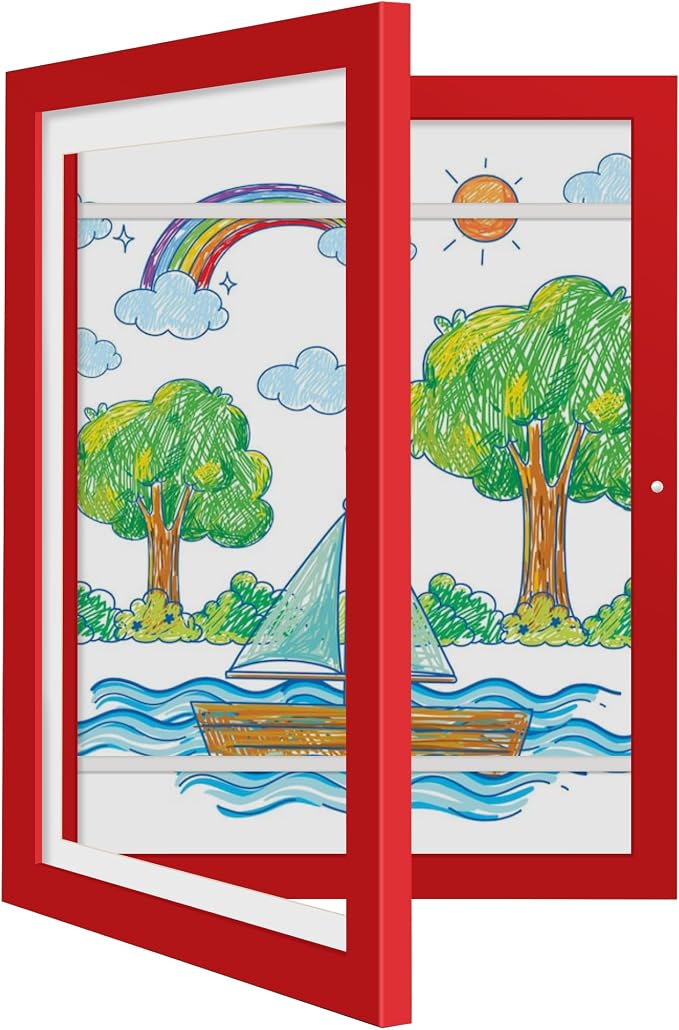 Kids Art Frames 8.5x11 - Front Opening Childrens Picture Frame Changeable, Wood Artwork Display Storage for Wall Mount, Magnetic Door Holds 50 Art Pieces for Drawings, 3D Picture, Crafts, Portfolio, Red