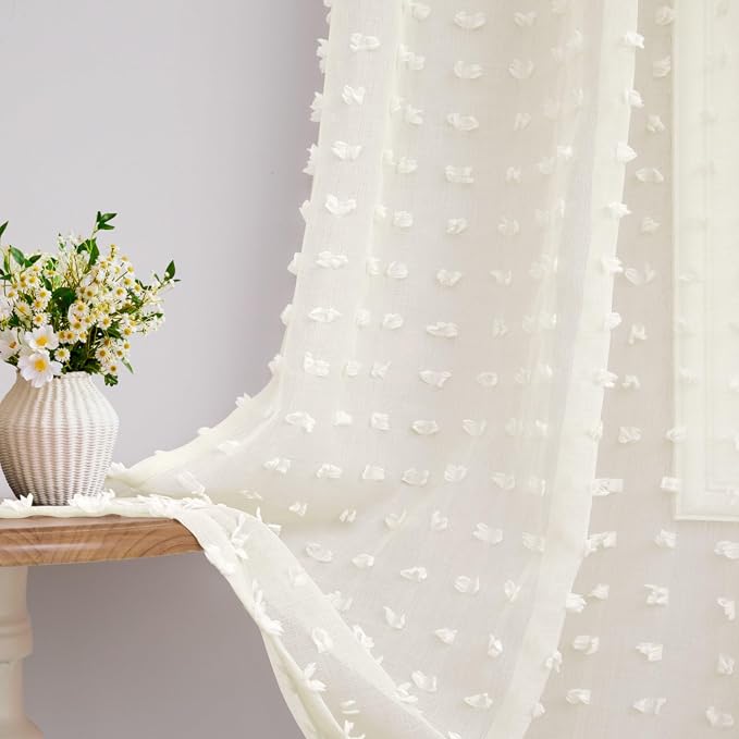 Sheer Cream Curtains for Girls Bedroom 90 Inches Long Pom Pom Tufted Design Butterfly Cute Boho Shabby Chic Farmhouse Curtains for Kids Living Room 90 Inch Length 2 Panels Back Tab Rod Pocket 52x90