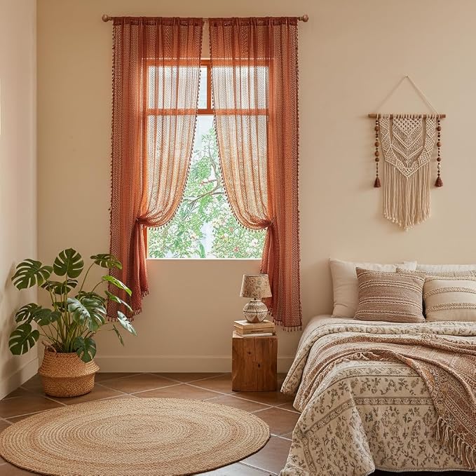 WAZZIO Boho Lace Curtains 63 Inches 2 Panel,Light Filtering Privacy Tassel & Geometry Crochet Semi Sheer Curtain Drapes for Bedroom Living Dining Room,Rod Pocket & Tassel,Full Decor,Burnt Orange