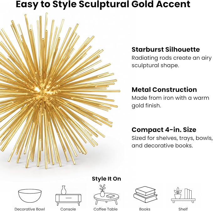 Torre & Tagus Gold Starburst Sphere Decor & Metal Spike Ball, 4 Inch | Adds sculptural gold texture to shelves, coffee tables, mantels, bowls, and consoles