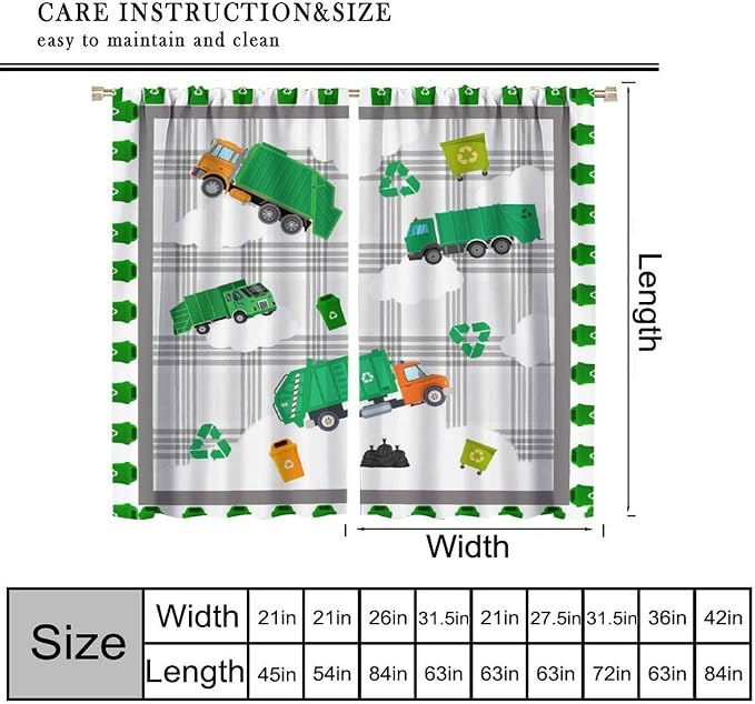 Truck Blackout Curtain,Boys Kids Cartoon Green Garbage Cars Pattern Print Window Curtains for Dining Room Living Room Kitchen Cafe Bedroom Office Drapes,55x63 in