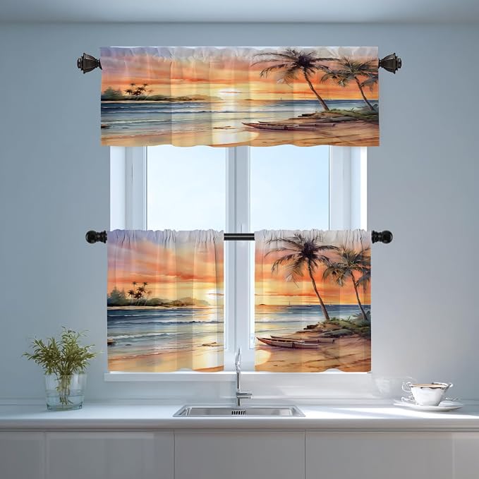 Shrahala Sunset Beach Blackout Short Curtains for Windows, Tropical Seaside Scene Kitchen Valance Thermal Insulated Rod Pocket Window Treatment for Bathroom 52 X 18 in