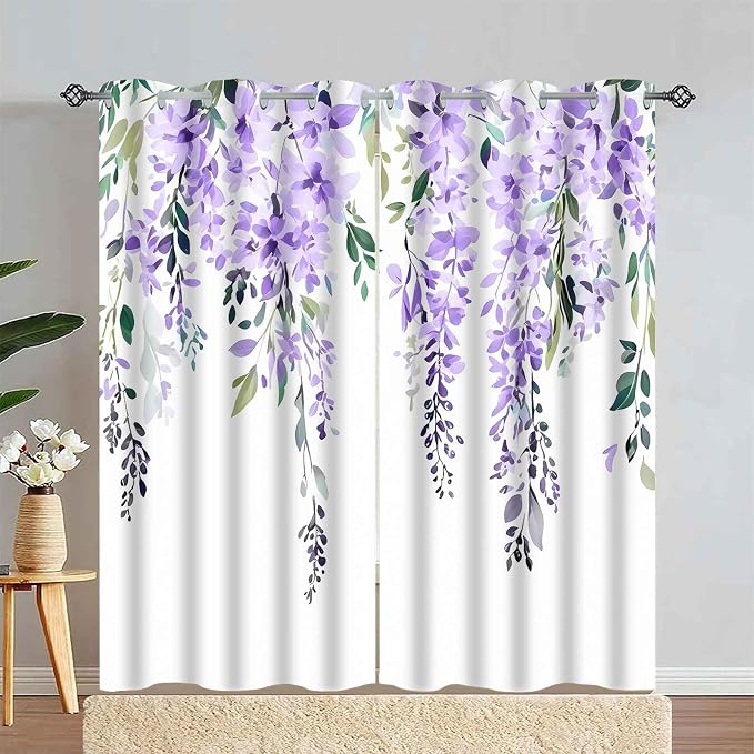 Purple Watercolor Floral Blackout Curtains 42x84 Inch 2 Panels | Botanical Leaves Vine Flowers, Rustic Farmhouse, Blackout Window Treatment, For Bedroom Living Room