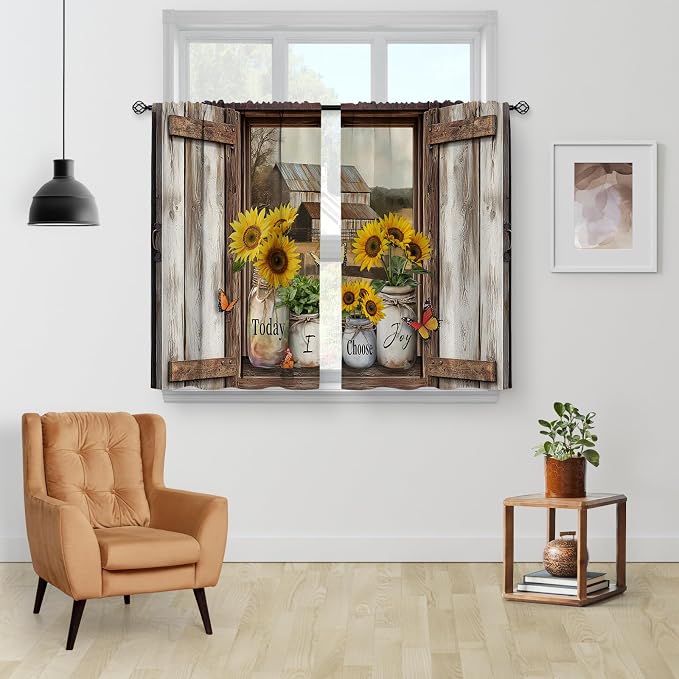 Aimego Wood Sunflower Kitchen Curtains - Retro Cafe Country Small Short Tier Window Curtains for Bathroom Living Room Decor Rod Pocket Window Drapes 36 Inch Length Set 28"x36"