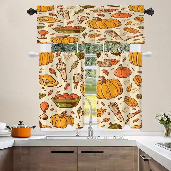 Shrahala Thanksgiving Seamless Pattern Blackout Curtain Tiers, Pumpkin Apple Pear Leaves Kitchen Valance Light Blocking Tier Drapes with Rod Pocket, 2 Pack 26 X 36 in