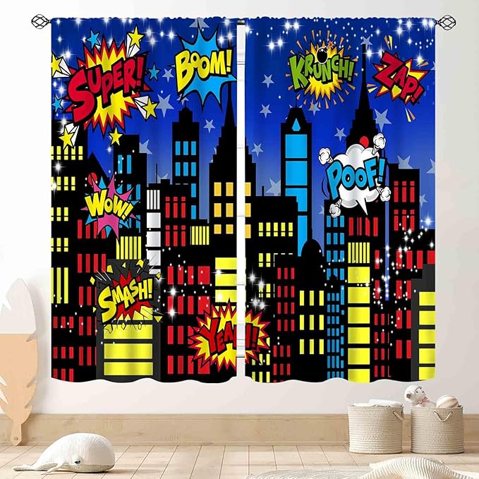 Superhero City Curtains, Comic Night Starry Skyline Cityscape Buildings Comic Blackout Window Curtains for Boys Kids Baby Room Bedroom Living Nursery 2 Panel Sets, 42"x63" Inch