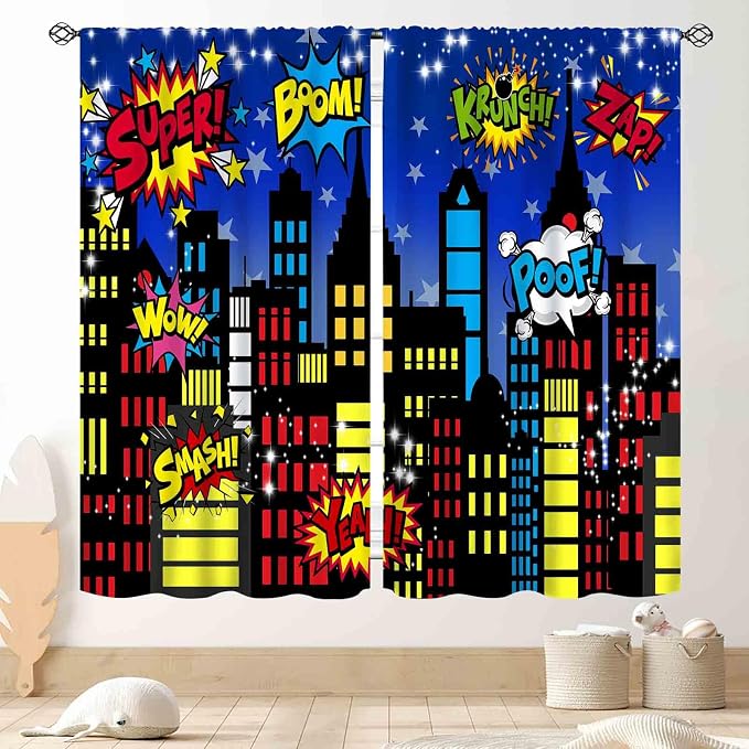 Superhero City Curtains, Comic Night Starry Skyline Cityscape Buildings Comic Blackout Window Curtains for Boys Kids Baby Room Bedroom Living Nursery 2 Panel Sets, 42"x45" Inch