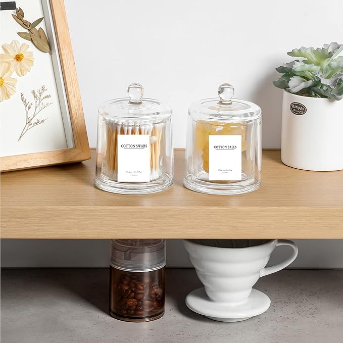 rejomiik Qtip Holder Thick Glass Apothecary Jars with Lid for Bathroom Accessories Vanity Organizers and Makeup Storage for Cotton Ball, Swabs, Makeup Sponges, Candy, Jewelry, Clear