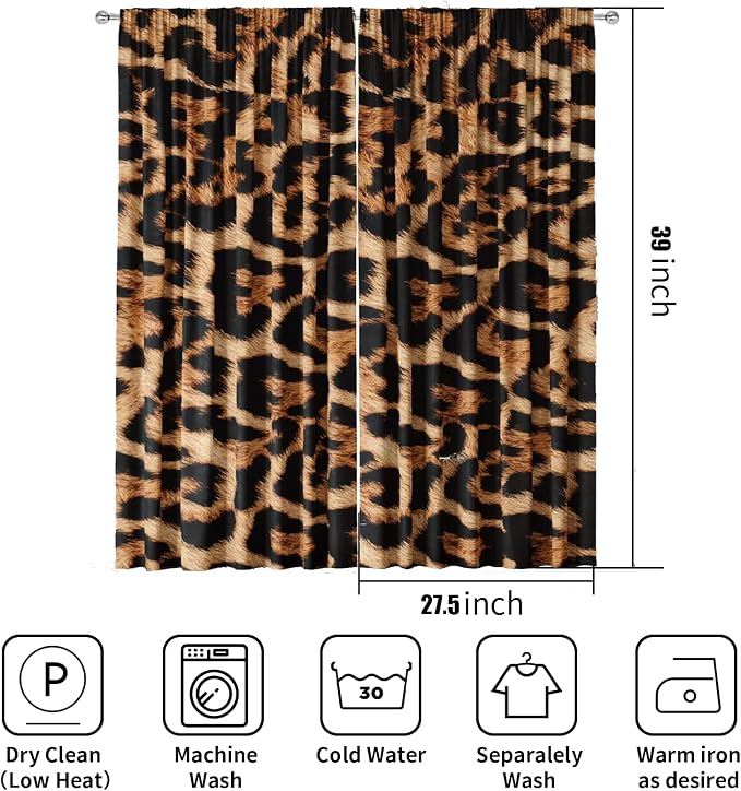 Leopard Kitchen Curtains Sets 27.5Wx39H 2 Panels for Windows Rod Pocket Wild Animals Cheetah Print Style Window Drapes Fabric Curtains