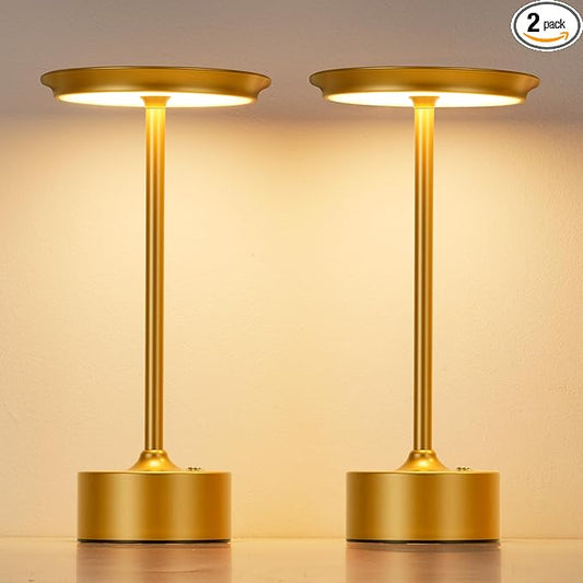 PUSU Rechargeable Table Lamps Set of 2, Gold Cordless LED 4000mAh Battery Desk Lamp, Stepless Dimming & 3 Color 2700K-6000K, Portable Lamp for Bedroom, Living Room, Restaurant, Outdoor, Night Light
