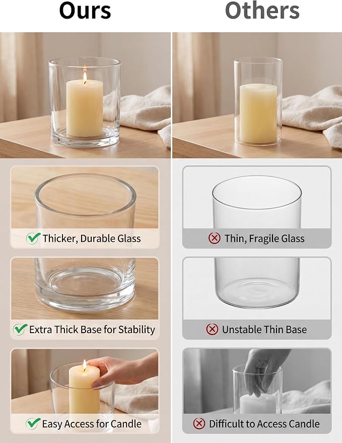 NUPTIO Thick Glass Hurricane Pillar Candle Holders, Set of 3 | Heavy Clear Walls, Wide Low-Profile Cylinders for Easy Use, 3 Graduated Sizes, for Dining Table Centerpiece or Flower Display
