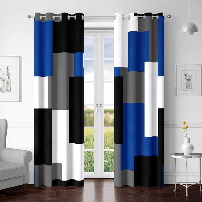Tyrot Royal Blue 100% Blackout Curtains for Bedroom 72 inch Length 2 Panels Set White Grey Modern Abstract Geometric Black Out Curtains Insulated Room Darkening Window Drapes for Living Room, 52Wx72L