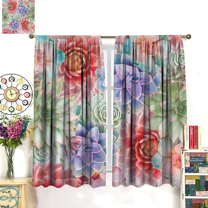 Boho Cactus Floral Curtain Tropical Colorful Succulent Plants Beautiful Flower Retro for Home Kitchen Restaurant Decoration Drapes 2 Panels 84x84in, Style-5