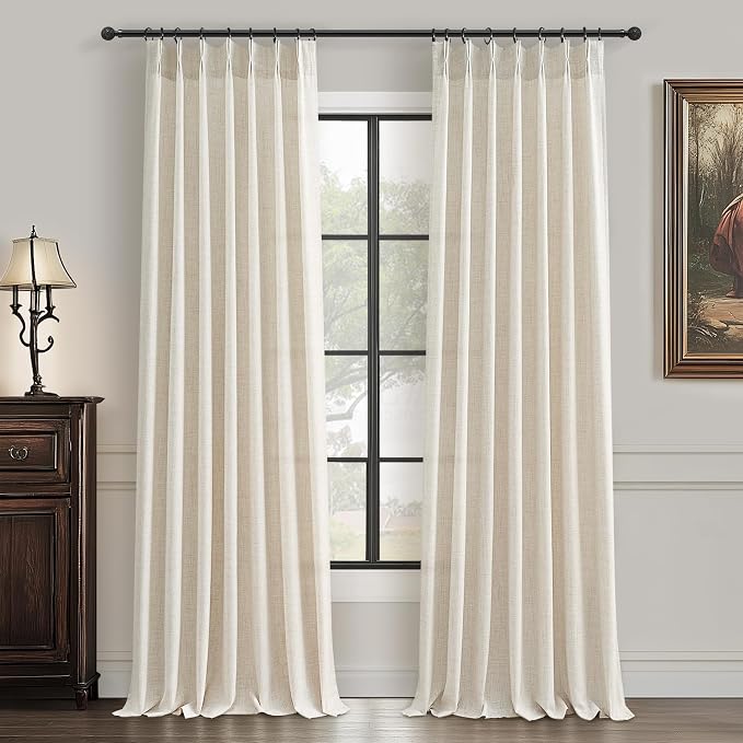 Pinch Pleated Semi Sheer 100 Inch Curtains, Pretty Neutral Cream Ivory Flax Linen Decorative Light Filtering Curtains & Drapes with Hooks Rings 2 Panels for Living Room Bedroom Birch 40"Wx100"L Inches