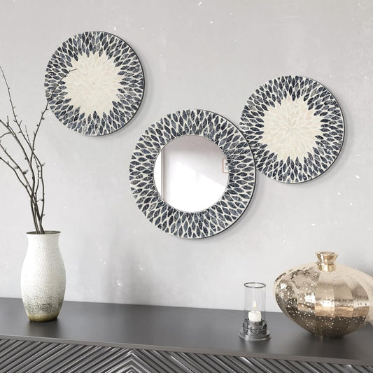 Natural Mother of Pearl Mirror Wall Decor for Bedroom Bathroom, 3PCS Geometric Wall Art Modern Home Office, Handmade Mosaic Art Circle Sculptures for Kitchen Living Dining Room (Black White)