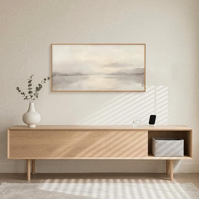LHIUEM Large Abstract Neutral Beige Pastel Framed Canvas Wall Art,Modern Watercolor Lakes Wall Decor,Nature Mountain Minimalist Artwork for Living Room,Bedroom,Dining Room,Office -20"x40"x1