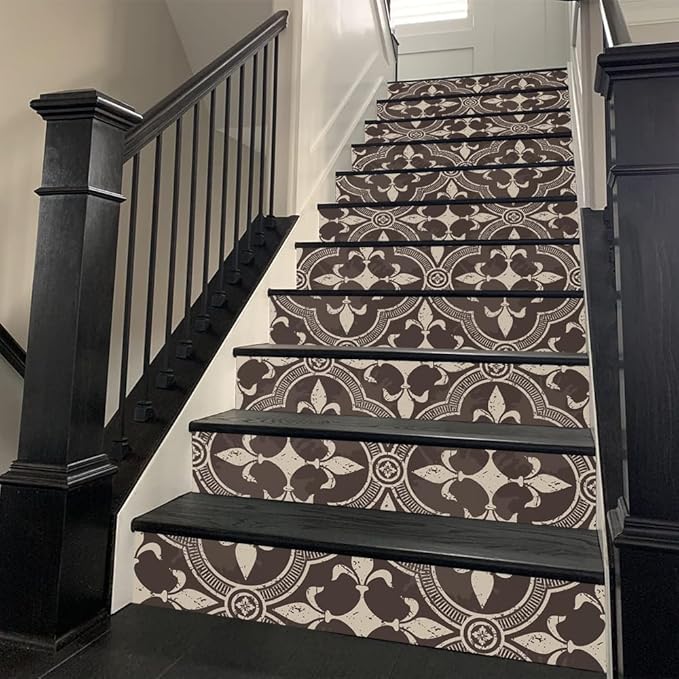 REDAMANCY Vintage Beige Dark Brown Damask Flower Peel and Stick Vinyl Stair Riser Decals Staircase Tile Stickers Decor Modern Marble Decoration Self-Adhesive(14 Pcs)