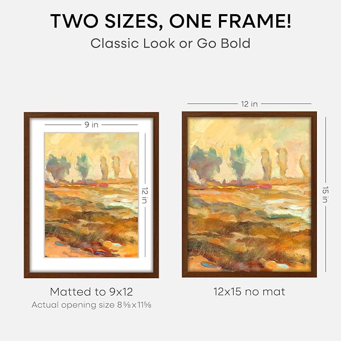 Homeforia 12x15 Picture Frame Brown, High End Dark Oak 12x15 Walnut Wood Poster Frame with Mat 9x12 Print, 12 x 15 Wooden Frame Matted to 9 x 12 Photo, 15x12 Frames, Tempered Glass, Wall Kit, Set of 2