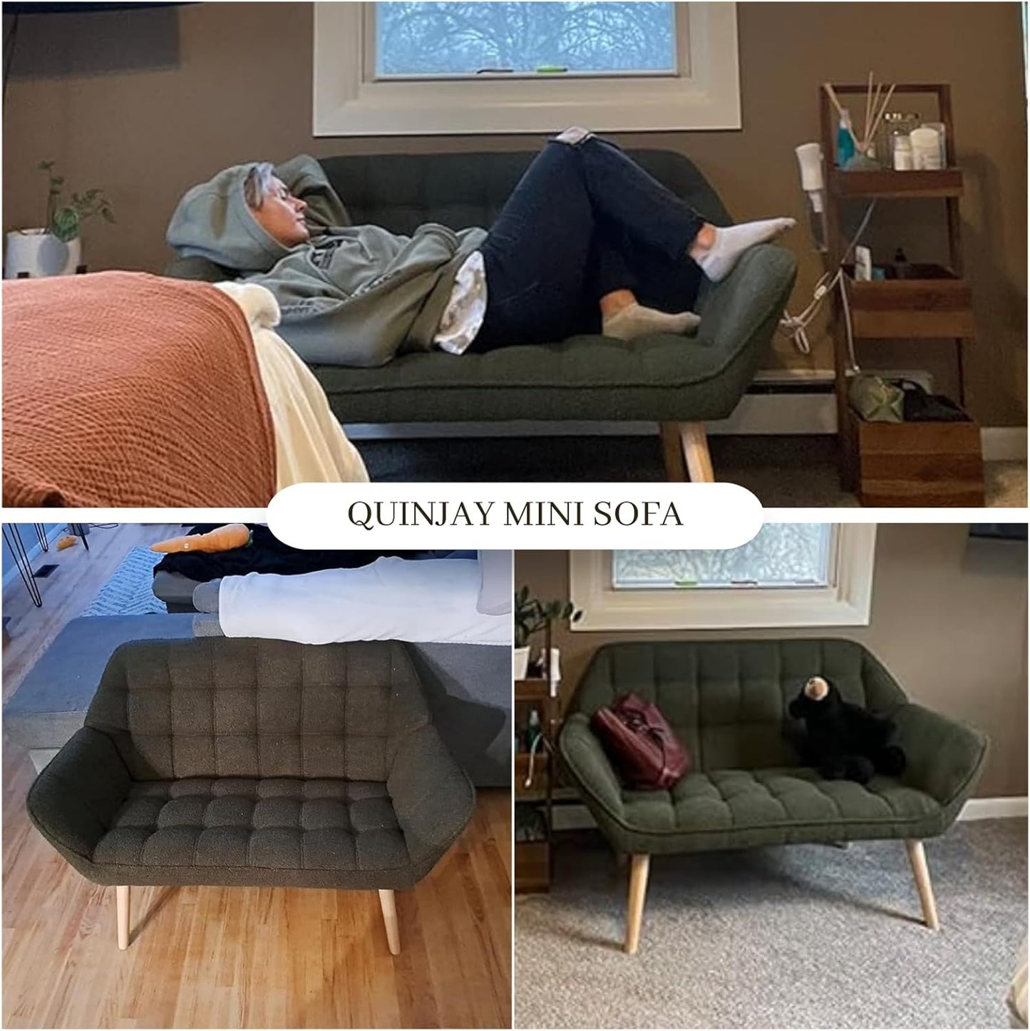 48" Small Loveseat Sofa, Modern Linen Fabric Mini Sofa Couch 2-Seater Love Seat with Quilting Backs and Wood Legs for Living Room, Bedroom and Small Space, Beige